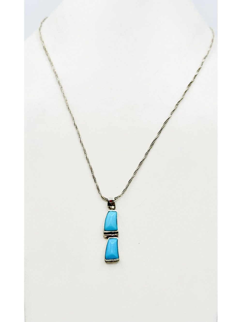 Twisted sterling silver chain double turquoise pendant necklace
